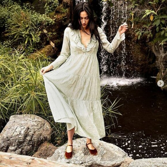 💕DOEN💕 Assam Dress Sweet Daisy Light Green Micro Floral Print Medium - NO BELT - Picture 2 of 16